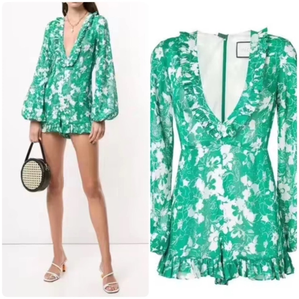 ALEXIS Cerca Romper Emerald Green Floral Ruffle Size Small